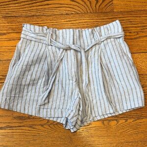 LOFT Blue and Beige Striped High-Waist Tie Shorts
